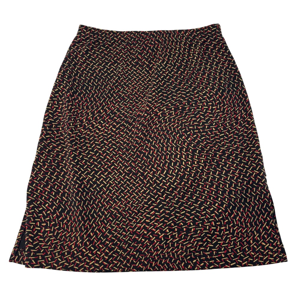 A. Byer Women Black Red Tan Dash Print Midi Skirt Side Slit Career Sz M
